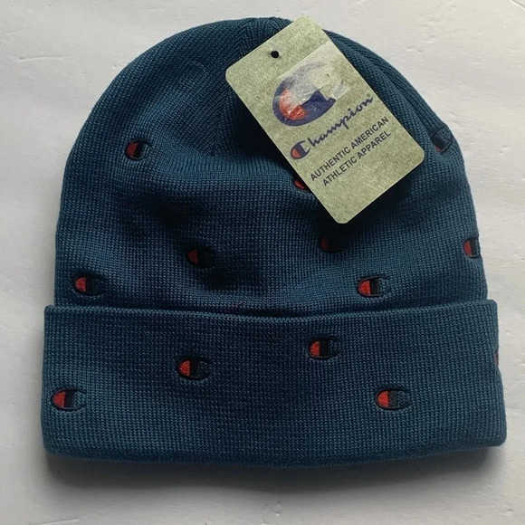 Champion Beanie Knit Hat Script Logo Blue Cuffed New - Picture 3 of 5